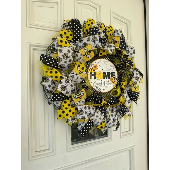 Home Sweet Home Honey Bee Ribbon & Deco Mesh Spring Summer Front Door Wreath - Picture 5 of 8